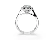 Halo Engagement Ring Setting for Cushion Cut Center with Outer Bezel Rim, Pave Band and Prong Head in Sterling Silver