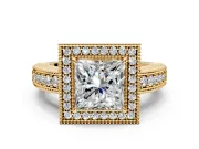 Milgrain Halo Engagement Ring Setting for Princess Cut Center with Pave Band and Prong Head in Yellow Gold