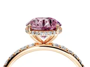 Hidden Halo Engagement Ring Setting for Fancy Pink Round Cut Center with Pave Band and Prong Head in Rose Gold