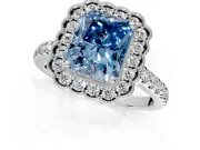 Milgrain Floral Halo Engagement Ring Setting for Fancy Blue Radiant Cut Center with Pave Band and Prong Head in Platinum
