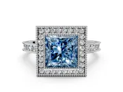 Halo Engagement Ring Setting for Fancy Blue Princess Cut Center with Milgrain Pave Band and Bezel Head in Platinum