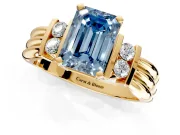 Solitaire Engagement Ring Setting for Fancy Blue Emerald Cut Center with Grooved Bar Accent Band and Prong Head in Yellow Gold