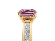 Solitaire Engagement Ring Setting for Fancy Pink Asscher Cut Center with Princess Cut Channel Band and Prong Head in Yellow Gold