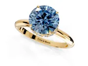 Hidden Halo Engagement Ring Setting for Fancy Blue Round Cut Center with Plain Rounded Band and Prong Head in Yellow Gold