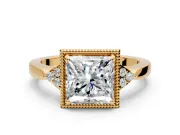 Cluster Engagement Ring Setting for Princess Cut Center with Milgrain Shoulder Clusters and Prong Head in Yellow Gold