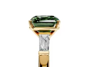 3 Stone Engagement Ring Setting for Fancy Green Asscher Cut Center with Tapered Baguettes, Plain Band and Prong Head in Yellow Gold