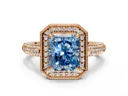 Milgrain Halo Engagement Ring Setting for Fancy Blue Radiant Cut Center with Three-Sided Pave Band and Prong Head in Rose Gold
