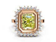 Halo Engagement Ring Setting for Fancy Yellow Radiant Cut Center with Milgrain Bezel Rim, Plain Band and Prong Head in Rose Gold