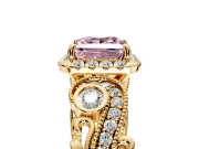 Milgrain Halo Engagement Ring Setting for Fancy Pink Princess Cut Center with Shoulder Bezels and Prong Head in Yellow Gold