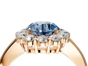 Halo Engagement Ring Setting for Fancy Blue Round Cut Center with Milgrain Channel Band and Prong Head in Rose Gold