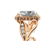 Halo Engagement Ring Setting for Radiant Cut Center with Leaf Motif Split Shank and Prong Head in Rose Gold