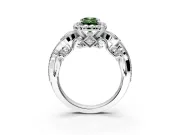 Milgrain Halo Engagement Ring Setting for Fancy Green Emerald Cut Center with Shoulder Bezels and Prong Head in Platinum
