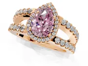 Halo Engagement Ring Setting for Fancy Pink Pear-Shaped Center with Wide-Open Pave Split Shank and Prong Head in Rose Gold