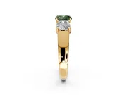 3 Stone Engagement Ring Setting for Fancy Green Cushion Cut Center with Raised Basket Heads and Prong Head in Yellow Gold