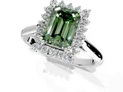 Starburst Halo Engagement Ring Setting for Fancy Green Emerald Cut Center with Thin Round-Wire Band and Prong Head in Sterling Silver
