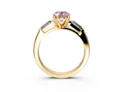 3 Stone Engagement Ring Setting for Fancy Pink Oval Center with Tapered Baguettes, Plain Band and Prong Head in Yellow Gold