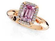 Halo Engagement Ring Setting for Fancy Pink Emerald Cut Center with Tapered Plain Band and Prong Head in Rose Gold