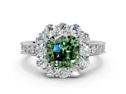 Halo Engagement Ring Setting for Fancy Green Cushion Cut Center with Milgrain Channel Band and Prong Head in Platinum