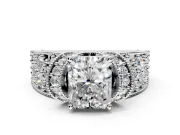 Pave Engagement Ring Setting for Radiant Cut Center with Curved Accent Rows, Openwork and Prong Head in White Gold