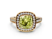 Halo Engagement Ring Setting for Fancy Yellow Cushion Cut Center with Outer Bezel Rim, Pave Band and Prong Head in Yellow Gold