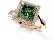 Halo Engagement Ring Setting for Fancy Green Princess Cut Center with Twist Band and Prong Head in Rose Gold