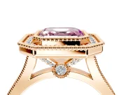 Halo Engagement Ring Setting for Fancy Pink Asscher Cut Center with Milgrain Frame, Pave Band and Prong Head in Rose Gold