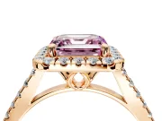 Halo Engagement Ring Setting for Fancy Pink Asscher Cut Center with Raised Halo, Pave Band and Prong Head in Rose Gold