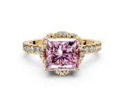 Halo Engagement Ring Setting for Fancy Pink Princess Cut Center with Openwork Halo, Pave Band and Prong Head in Yellow Gold