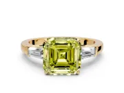 3 Stone Engagement Ring Setting for Fancy Yellow Asscher Cut Center with Baguette Accents and Prong Head in Yellow Gold