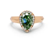 Halo Engagement Ring Setting for Fancy Green Pear-Shaped Center with Knife Ridge Cathedral Band and Prong Head in Rose Gold