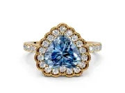 Milgrain Floral Halo Engagement Ring Setting for Fancy Blue Heart-Shaped Center with Pave Band and Prong Head in Yellow Gold