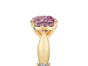 Solitaire Engagement Ring Setting for Fancy Pink Cushion Cut Center with Carved Leaf Shoulders and Prong Head in Yellow Gold
