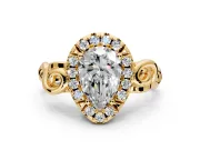 Halo Engagement Ring Setting for Pear-Shaped Center with Open Scroll Shoulders and Prong Head in Yellow Gold
