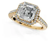 Halo Engagement Ring Setting for Asscher Cut Center with Narrowing Pave Band and Prong Head in Yellow Gold
