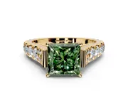 Solitaire Engagement Ring Setting for Fancy Green Princess Cut Center with Pave Cathedral Shoulders and Prong Head in Yellow Gold