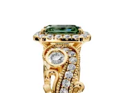 Milgrain Halo Engagement Ring Setting for Fancy Green Emerald Cut Center with Shoulder Bezels and Prong Head in Yellow Gold
