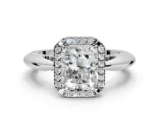 Halo Engagement Ring Setting for Radiant Cut Center with Tapered Plain Band and Prong Head in Platinum