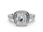 Halo Engagement Ring Setting for Cushion Cut Center with Framed Halo, Pave Band and Prong Head in Sterling Silver