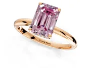Hidden Halo Engagement Ring Setting for Fancy Pink Emerald Cut Center with Thin Round-Wire Band and Prong Head in Rose Gold