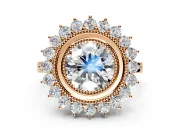 Halo Engagement Ring Setting for Round Cut Center with Milgrain Bezel Rim, Plain Band and Prong Head in Rose Gold