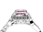 Halo Engagement Ring Setting for Fancy Pink Emerald Cut Center with Leaf Motif Split Shank and Prong Head in Sterling Silver