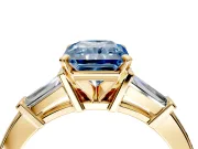 3 Stone Engagement Ring Setting for Fancy Blue Radiant Cut Center with Channel Baguette Accents and Prong Head in Yellow Gold
