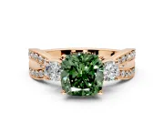 3 Stone Engagement Ring Setting for Fancy Green Cushion Cut Center with Pave Twist Band and Prong Head in Rose Gold