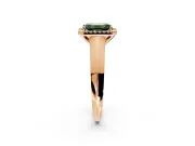 Halo Engagement Ring Setting for Fancy Green Emerald Cut Center with Knife Ridge Cathedral Band and Prong Head in Rose Gold