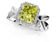 Halo Engagement Ring Setting for Fancy Yellow Radiant Cut Center with Floral Band and Prong Head in White Gold