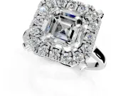 Single Halo Engagement Ring Setting for Asscher Cut Center with Corner Claws, Plain Band and Prong Head in Sterling Silver