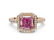 Halo Engagement Ring Setting for Fancy Pink Asscher Cut Center with Inner Milgrain Border and Prong Head in Rose Gold