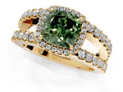 Halo Engagement Ring Setting for Fancy Green Cushion Cut Center with Wide-Open Pave Split Shank and Prong Head in Yellow Gold