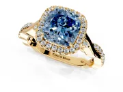 Halo Engagement Ring Setting for Fancy Blue Cushion Cut Center with Twist Band and Prong Head in Yellow Gold
