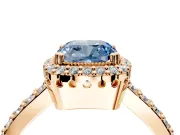 Halo Engagement Ring Setting for Fancy Blue Cushion Cut Center with Inner Milgrain Border and Prong Head in Rose Gold